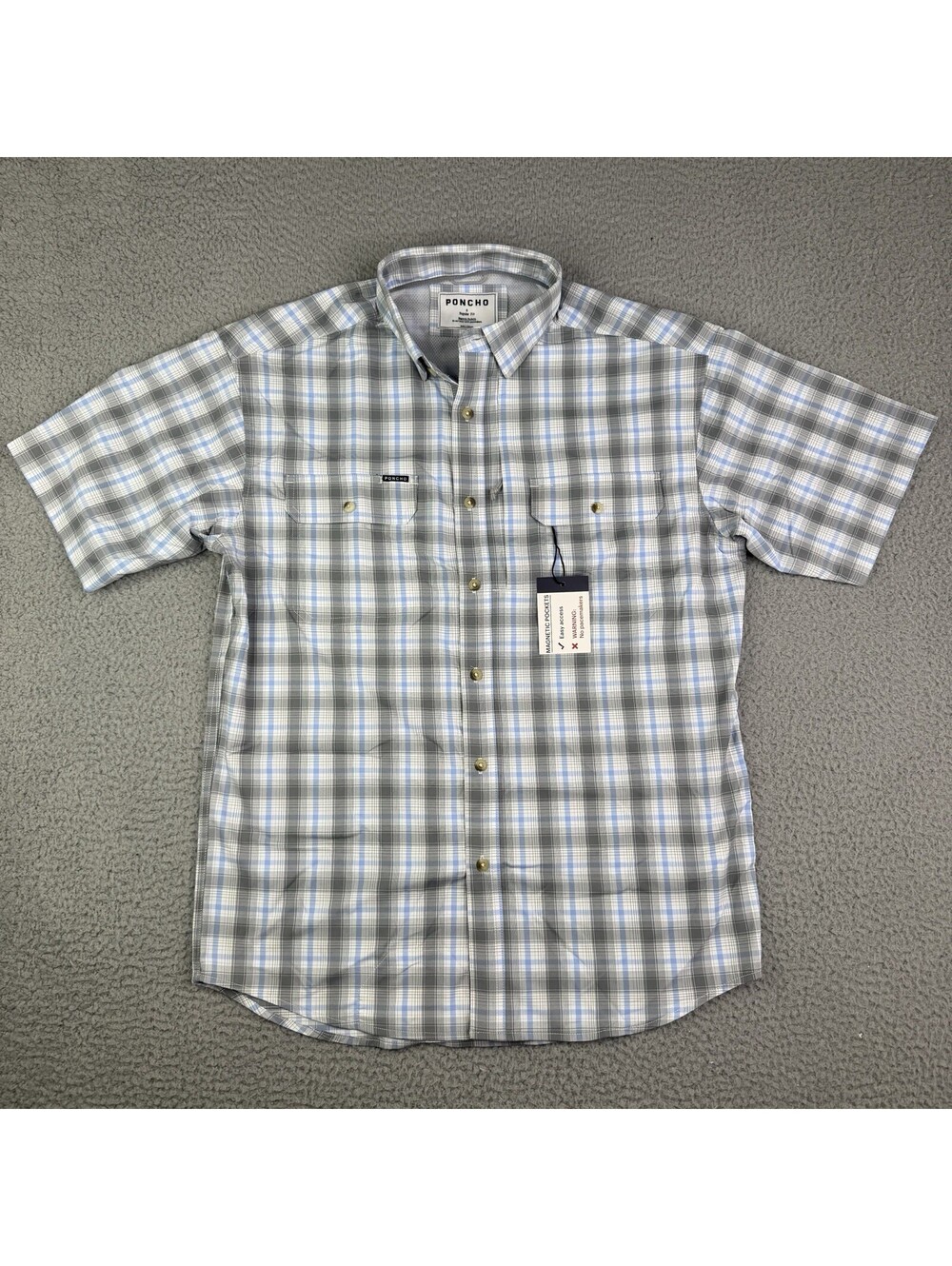 Poncho Men’s S Blue Gray Short Sleeve Shirt Magnetic Pockets Regular Fit NWT